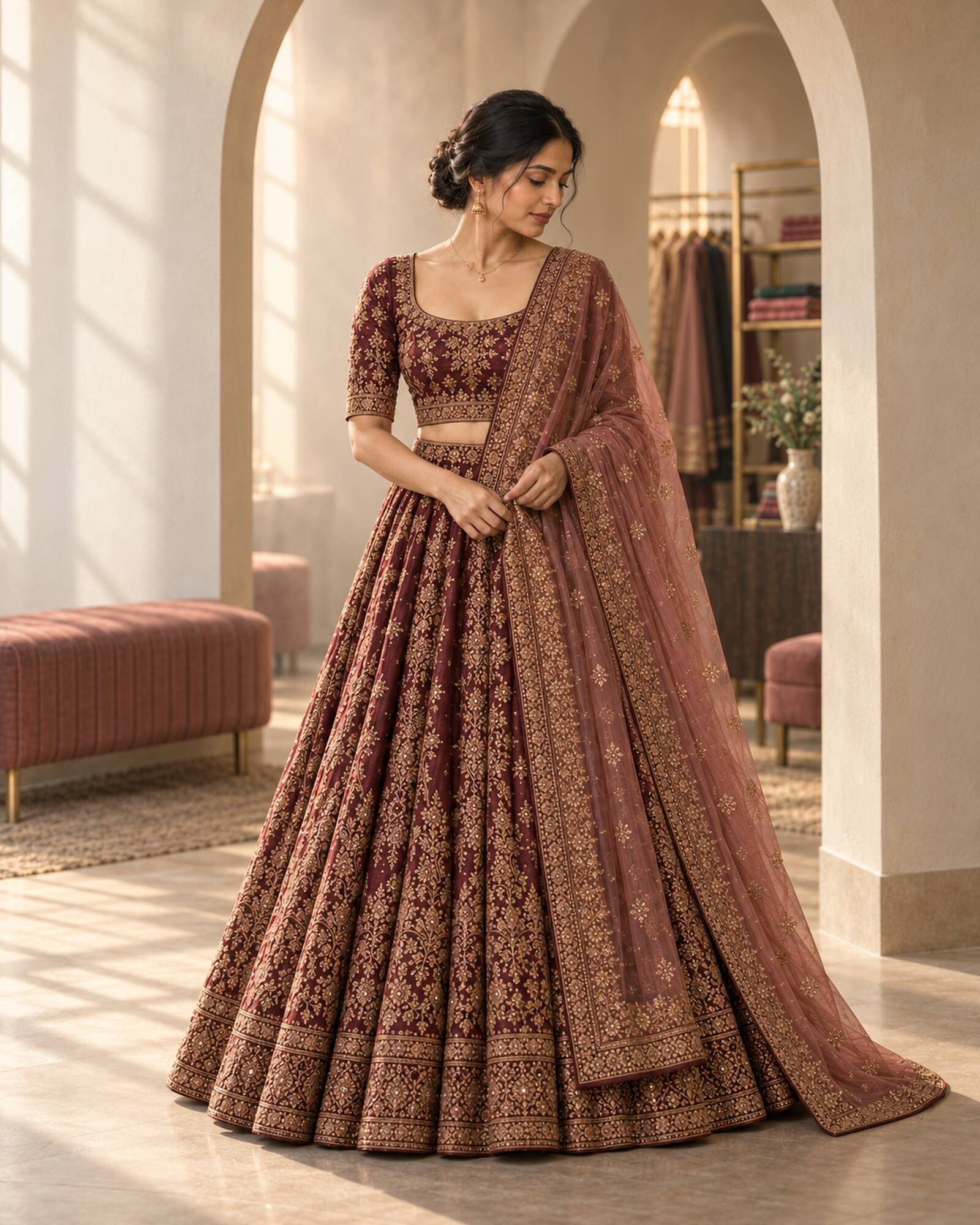 Bridal wine lehenga with gold embroidery