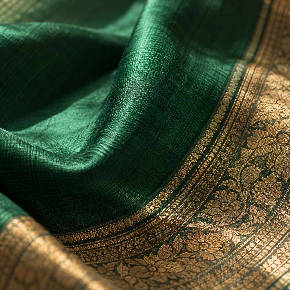 Close-up of emerald silk weave meeting an antique gold zari border