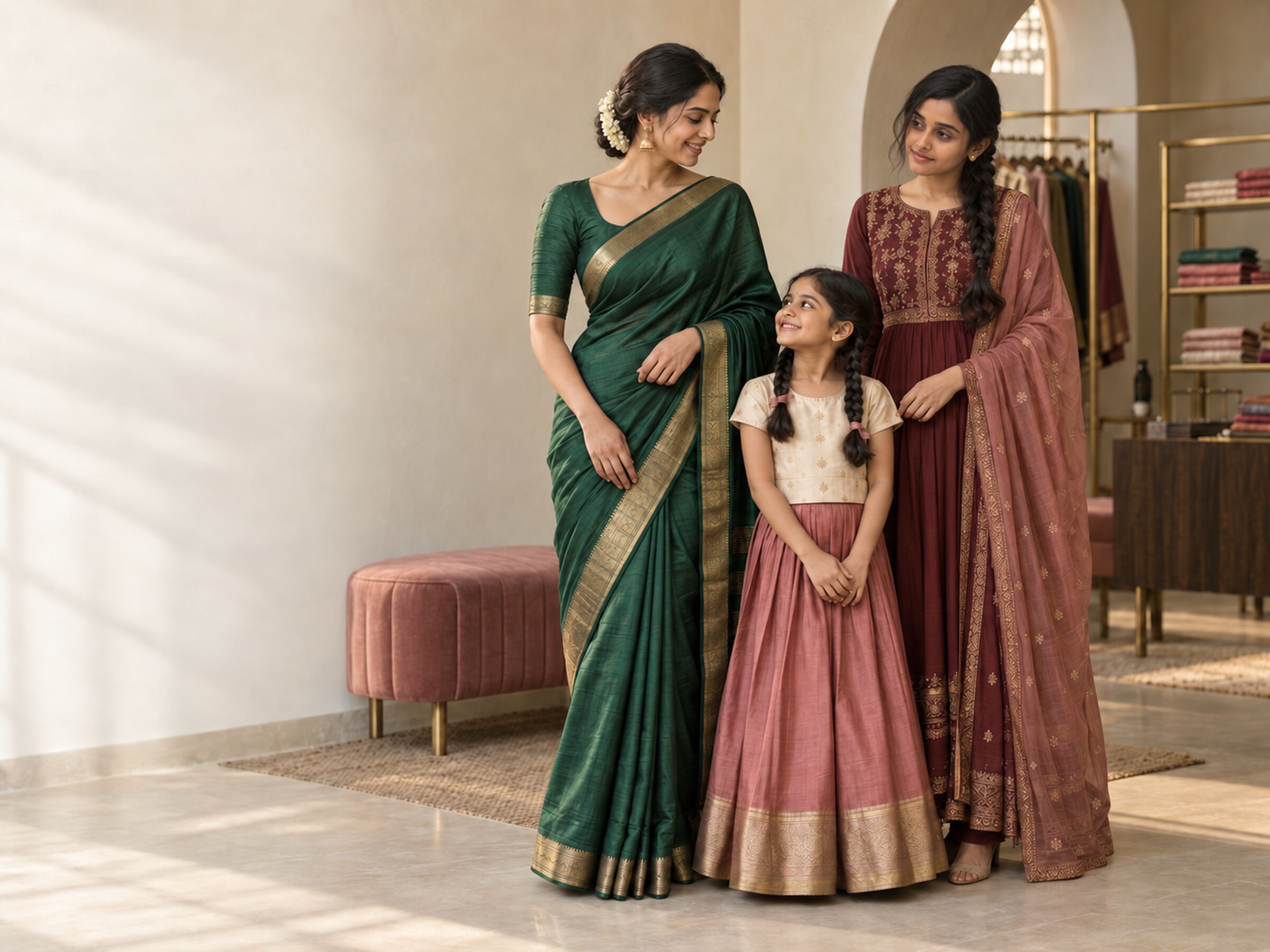 Two women in emerald and wine Indian wear with a girl in an ivory and rose pavadai