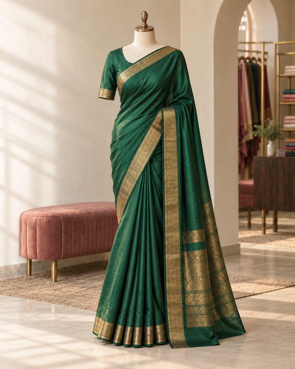 Emerald Silk saree with gold border